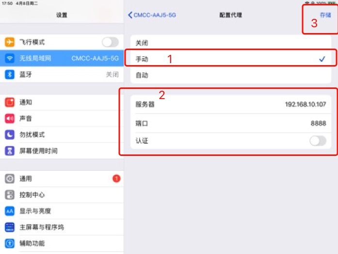 iOS 设备代理服务器配置界面