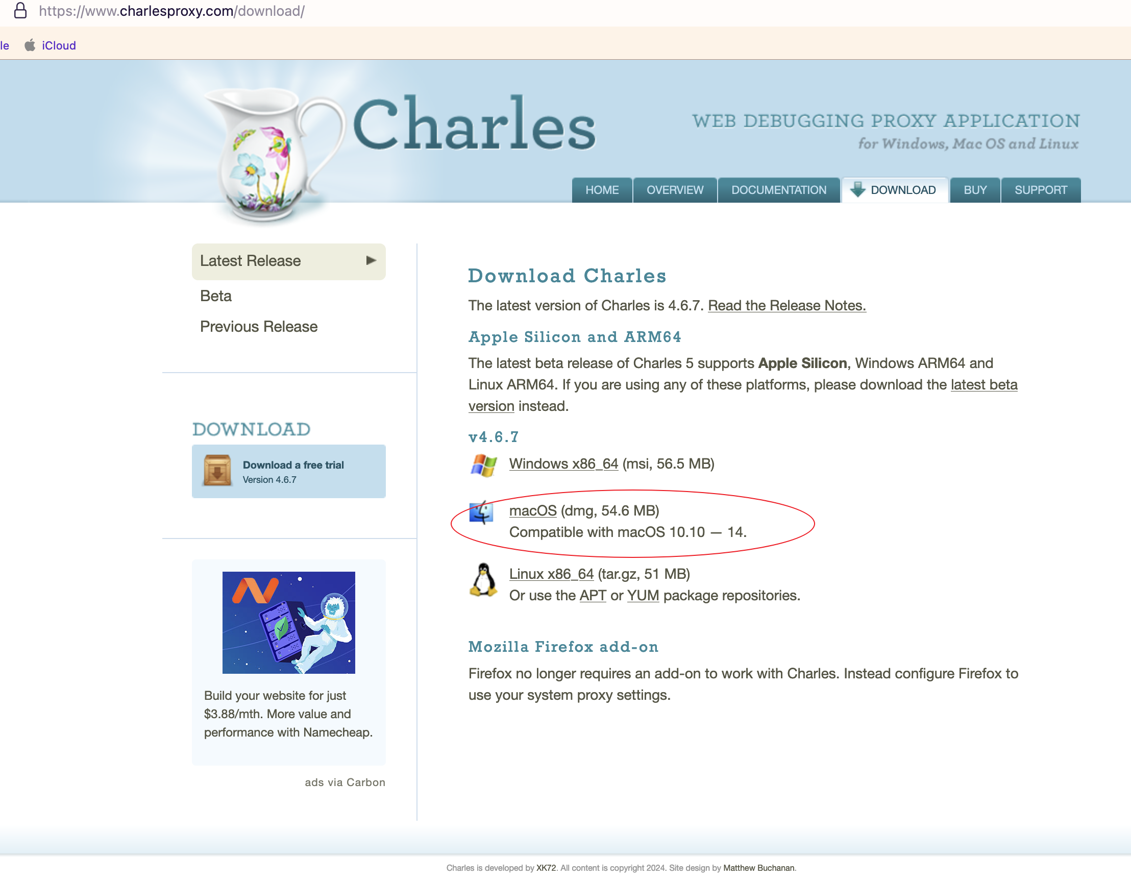 Charles Proxy Mac版官方下载页面截图 - 展示最新版本下载入口