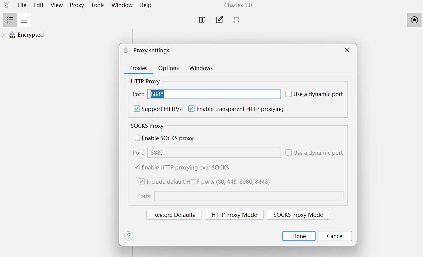 Charles Proxy 代理服务器设置界面 - Enable transparent HTTP proxying 勾选