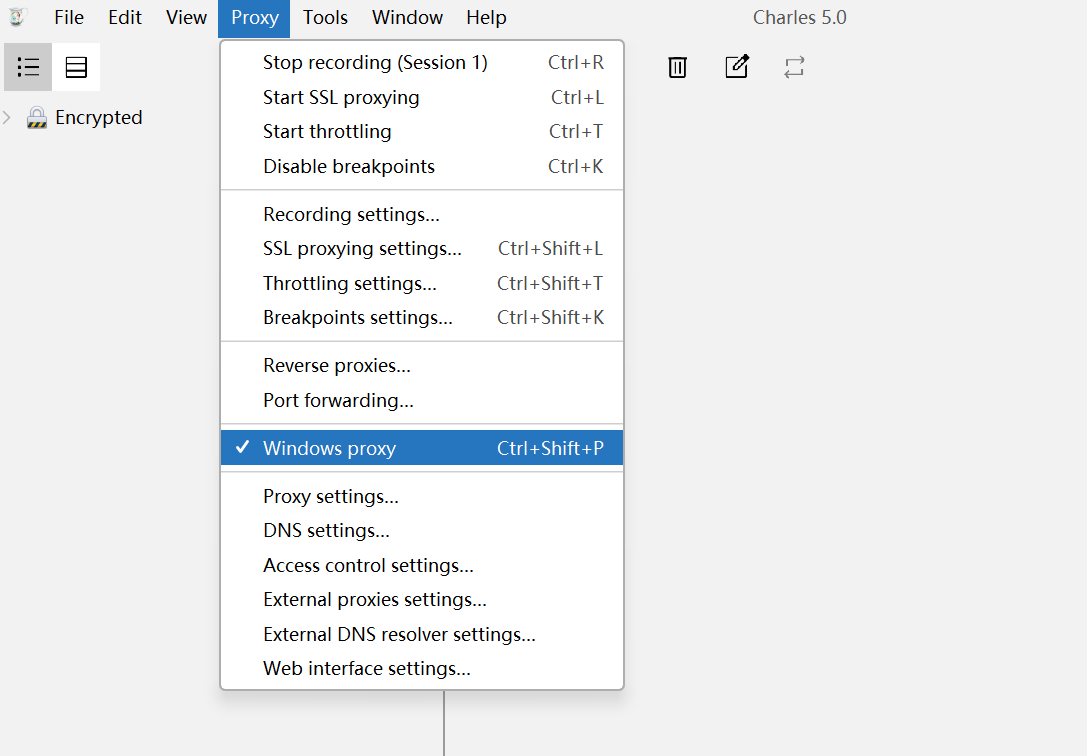 Charles Proxy Windows代理设置界面 - Enable Windows Proxy 勾选